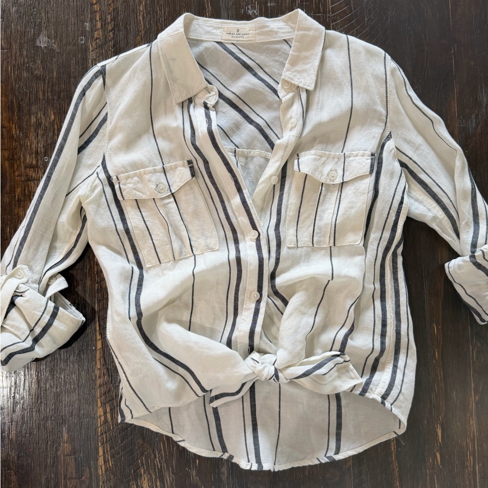 Striped Button-Front Linen Blend Shirt - White & charcoal